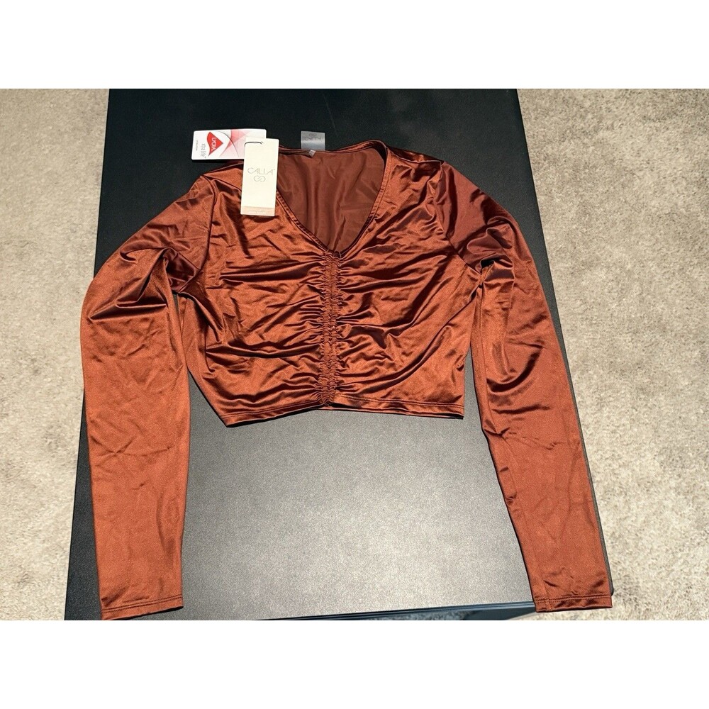 Calia Ruched Long Sleeve Rash Guard Red Brown Shine Women’s S NWT UPF 50